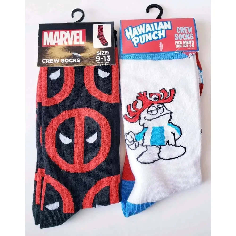 4 Mens Novelty Socks M&M's Hawaiian Punch Deadpool Monopoly Crew Socks Size 6-12